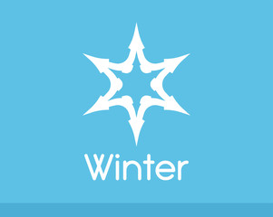 Winter Snowflake symbol white color isolated on blue. Vector Logo of Freeze Frost Star.