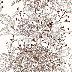 Chrysanthemum and peony flower brown sepia outline seamless pattern on beige background. Seamless background. Vintage illustration. Blooming tree. Brown background.