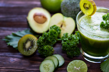 Healthy Foods. Organic and Fresh green vegetable for diet and weight loss on the old wooden. Healthy Concept