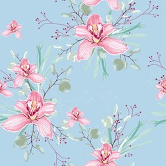 Watercolor style eucalyptus and pink orchid flowers seamless pattern, silver dollar eucalyptus tree foliage, branch, greenery. Decorative blue background in vintage style for wedding invite, fabric.