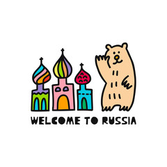 Travel card concept with cathedral, bear and text 'welcome to Russia' Doodle style