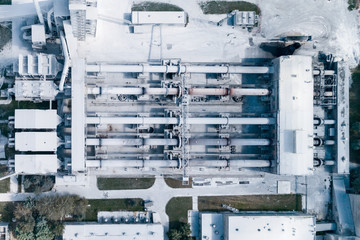 Plant for the production of cement, clinker and gypsum. Tubular rotary kilns. Aerial photography,...