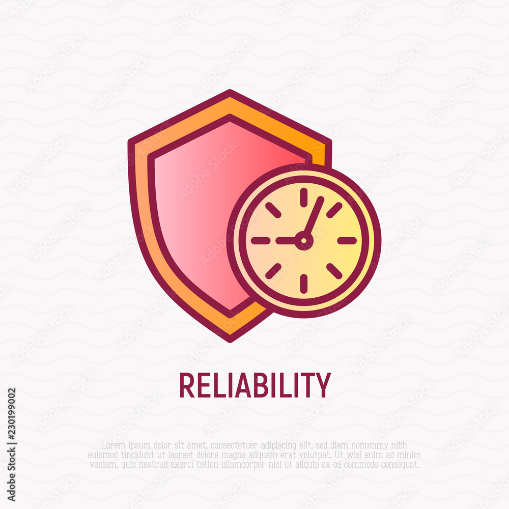 Poster reliability thin line icon: shield with clock. symbol of support. modern vector illustration.