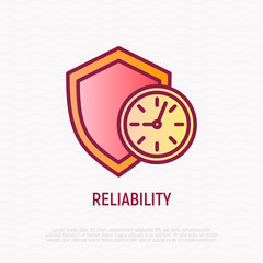 Reliability thin line icon: shield with clock. Symbol of support. Modern vector illustration.