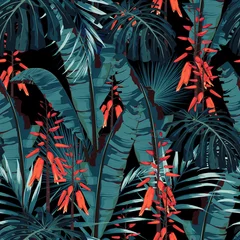Gordijnen Naadloze patroon bloemen aquarel stijl ontwerp: sappig in bloei met oranje bloemen en palm- en bananenbladeren. Modern, helder zomerprintontwerp. Zwarte achtergrondafdruk. © Iuliia