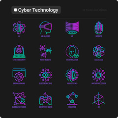Cyber technology thin line icons set: ai, virtual reality glasses, bionics, robotics, global network, computer game, microprocessor, nano robots, blockchain, electronic eye. Vector illustration.