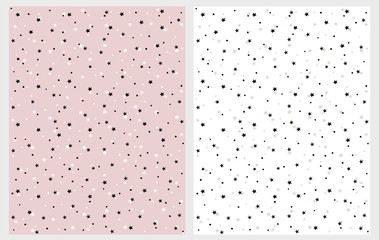 Cute Stars and Dots Vector Patterns. Irregular Hand Drawn Simple Graphic. Pastel Delicate Illustrations. Infantile Style Design. White, Black and Pink Stars and Dots.