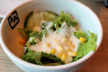 The salad and miso soup at Gyukaku, a famous Japanese yakiniku restaurants
