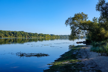 nature reflections in clear water in lake or river at countryside