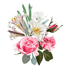 Floral spring card or poster graphic design with pink roses, white lilies, eucalyptus and succulents. Romantic decorative bouquet. 