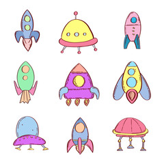 Space icons set. Cartoon illustration vector for web. Cute cartoon aliens. UFO illustration. Isolated on white background.