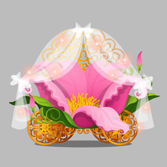 Fantasy bed the Princess in a pink flower petals with gold wheels of a fabulous carriage isolated on a grey background. Vector illustration. © Lady-Luck