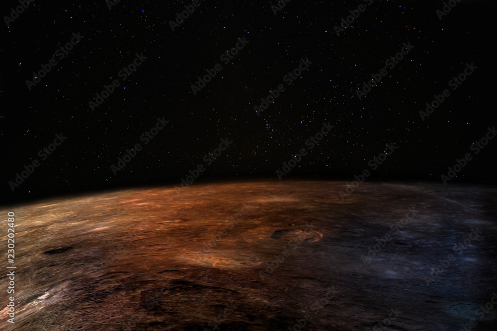 Wall mural mars - the red planet. martian surface and dust in the atmosphere, stars above. elements of this ima