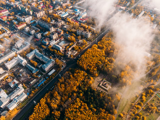 Panoramic view of city Autumn, Tom river. Drone aerial top view.