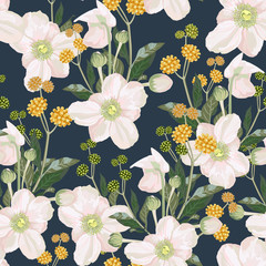 Seamless pattern with white anemone flowers and yellow herbs. Vintage hand drawn illustration in watercolor style. Dark blue background.