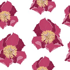 Seamless floral pattern with light-magenta peonies. Peony flowers for your design. White background. Modern floral background. Elegant template for fashion prints. 