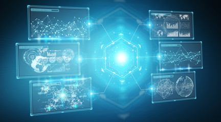 Digital screens interface with holograms datas 3D rendering