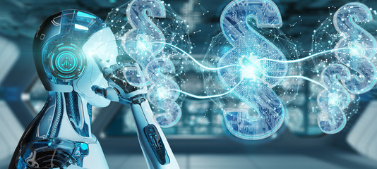Cyborg judge using 3D rendering digital paragraph law symbol