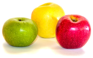 Fresh apples, three colors isolated on white background. Russia