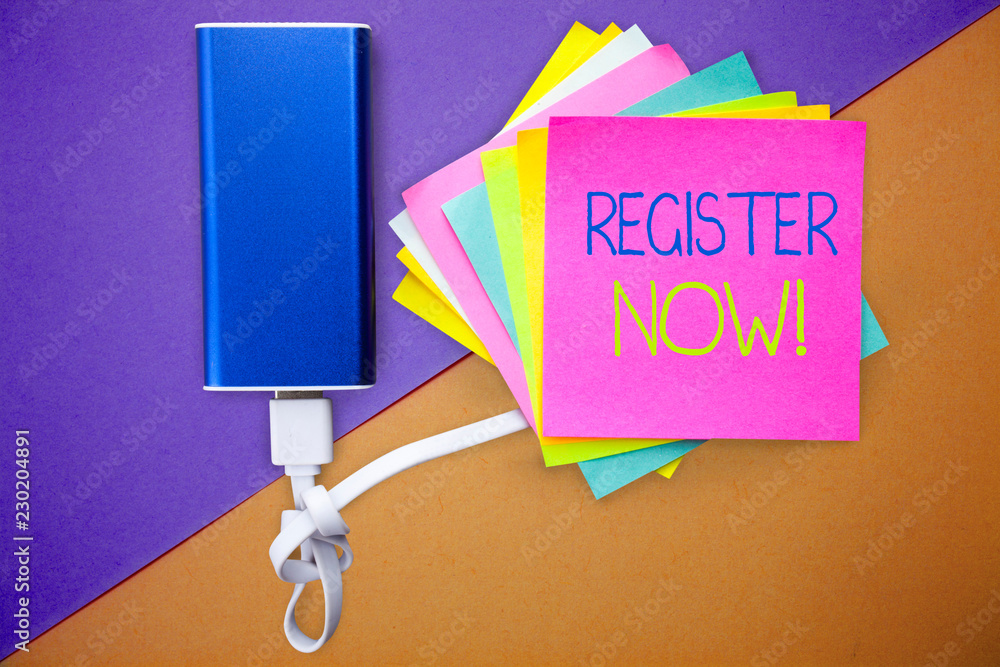 Poster word writing text register now. business concept for name in an official list enlist to be a member 