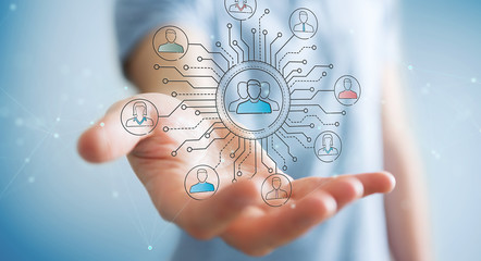 Businessman using thin line social network icons interface