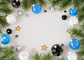 Christmas card mockup with blue baubles 3D rendering