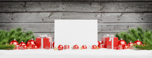 Blank Christmas card laying on red baubles and gift 3D rendering
