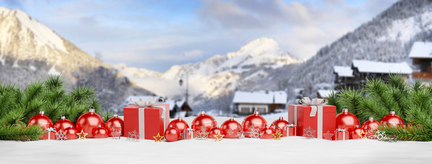 Red christmas baubles and gifts lined up 3D rendering
