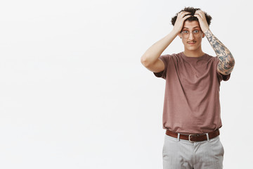 Brains boil from stupid students. Portrait of troubled and shocked stunned attractive young...
