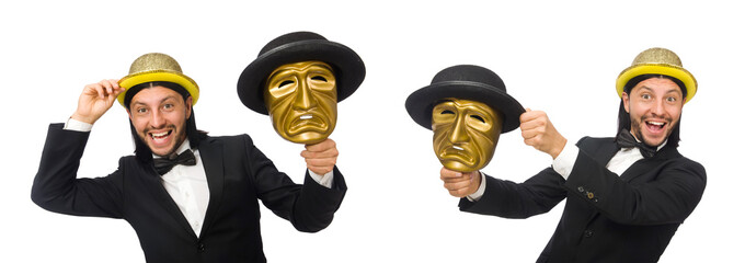 Man with theater mask isolated on white