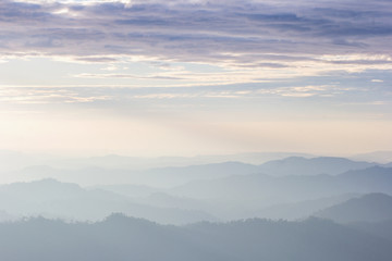 Obraz premium Beautiful view of the morning fog filling the valleys of smooth hills.