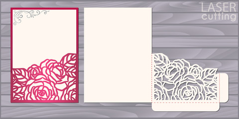 Die laser cut wedding card vector template. Invitation pocket envelope with lace corner with roses pattern. Wedding lace invitation mockup.