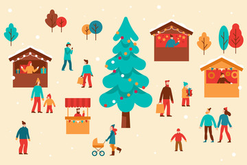 Vector illustration in flat simple style -  Christmas greeting card, banner, poster with people at festival seasonal market