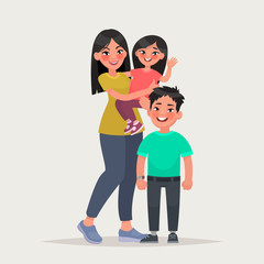 Asian woman with children. Mom with daughter and son. Vector illustration