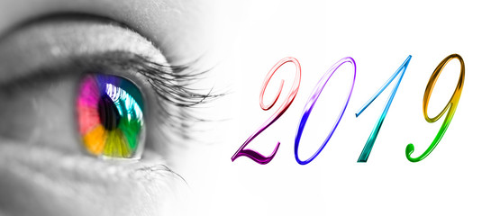 2019 and colorful rainbow eye header, 2019 new year greetings concept © Delphotostock