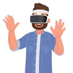Man in glasses of virtual reality on a white background. Vector illustration