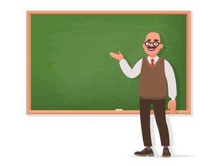 Professor stands at the blackboard on a white background. The teacher is giving a lecture. Vector illustration