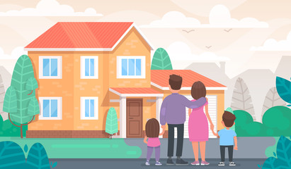 Happy family is looking at their new home. Vector illustration