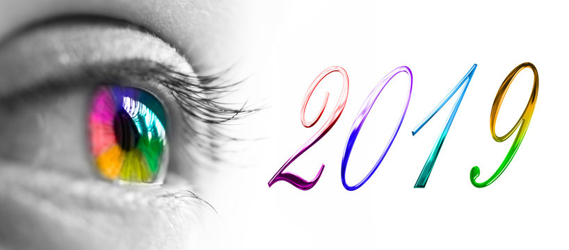 2019 and colorful rainbow eye header, 2019 new year greetings concept