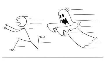 Cartoon stick drawing conceptual illustration of frightened man running away from ghost. Halloween theme.