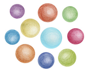Circles, bright earth colors, color pencils, hand drawn, high resolution, isolated on white