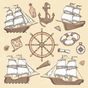 Vintage marine ships. Old cartouche frame, ship anchor and sea wheel with ancient compass. Ocean sailboat retro vector illustration