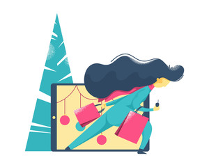 Woman buying on cyber Monday sale with tablet. Concept vector illustration in flat style with texture.