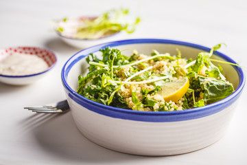 Kale, quinoa, avocado vegan salad in a white bowl on a white background.