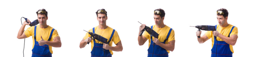 Contractor employee with hand power drill on white background