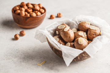 Vegan healthy hazelnut and cocoa raw balls, copy space.