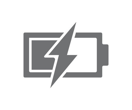 Vector power battery with lightning bolt icon. Half charged accumulator symbol and sign illustration on white background