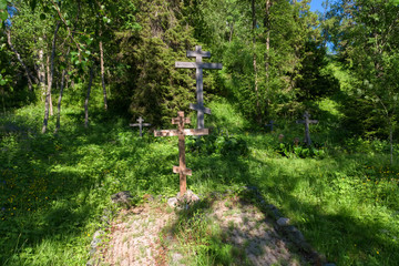 Cemetery in the Golgotha-Crucifix skete at Mount Calvary on Anzersky Island, Solovki Islands, Arkhangelsk Region, Russia