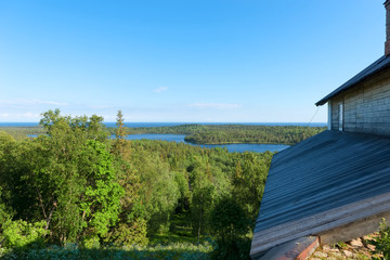 View of the island of Anzersky, monastery building, and the White Sea from Mount Calvary on Anzersky Island, Solovki Islands, Arkhangelsk Region, Russia