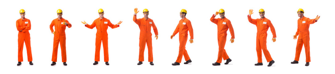 Contractor employee wearing coveralls isolated on white